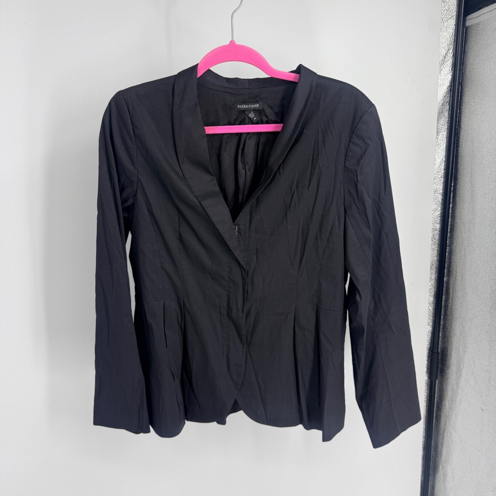 Eileen Fisher Womens Black Ramie Silk Blend Zip Front Pleated Blazer Jacket M